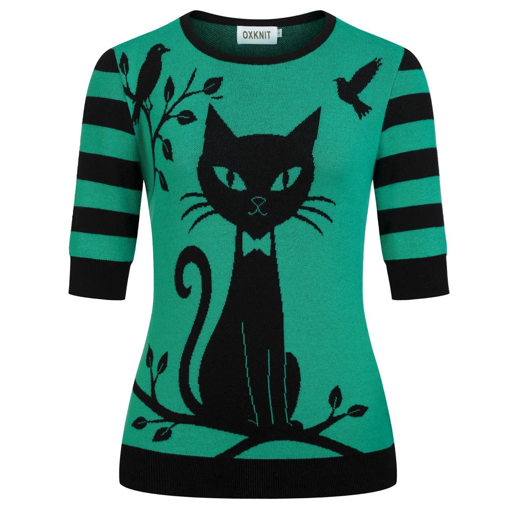 Women's Green Playful Cat Knit Half-Sleeve T-shirt