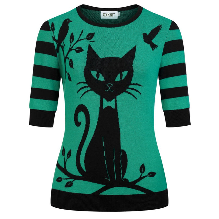 Women's Green Playful Cat Knit Half-Sleeve T-shirt