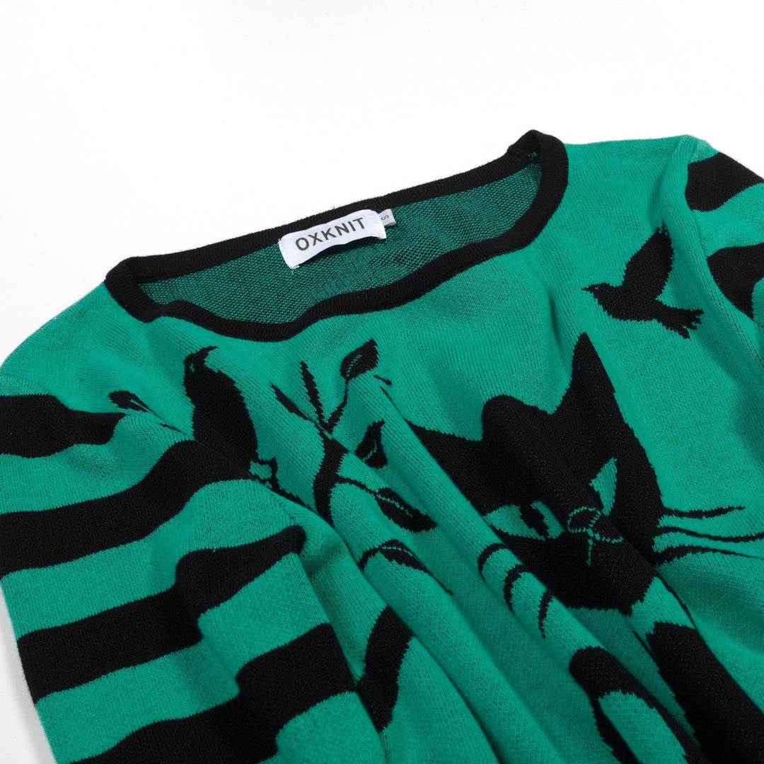 Women's Green Playful Cat Knit Half-Sleeve T-shirt
