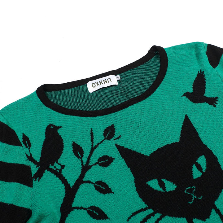 Women's Green Playful Cat Knit Half-Sleeve T-shirt