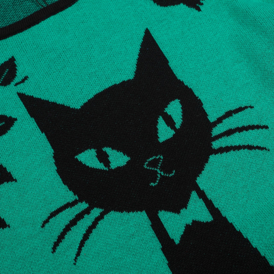 Women's Green Playful Cat Knit Half-Sleeve T-shirt