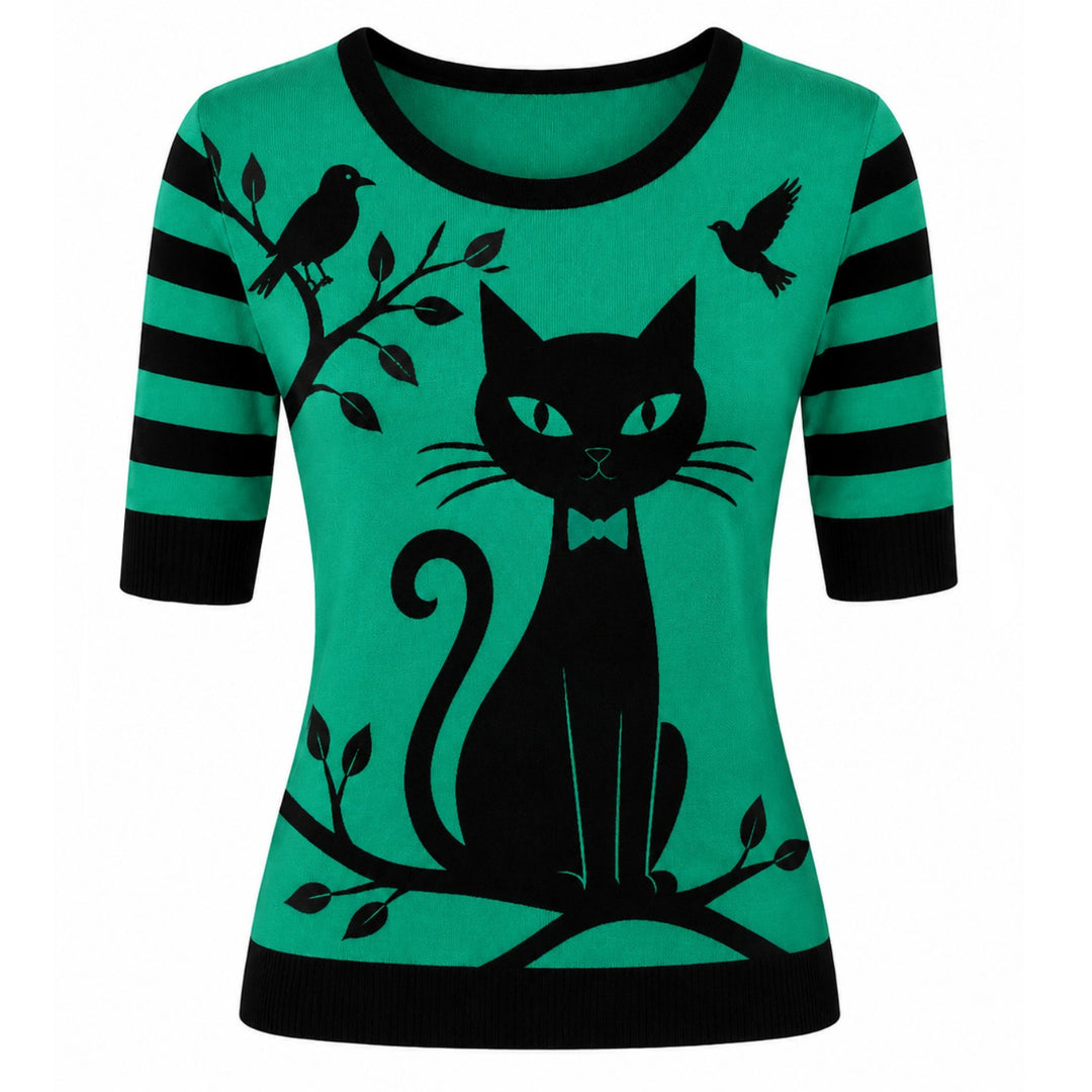 Svart Bee Jacquard vintage stickad V-ringad T-shirt för kvinnor