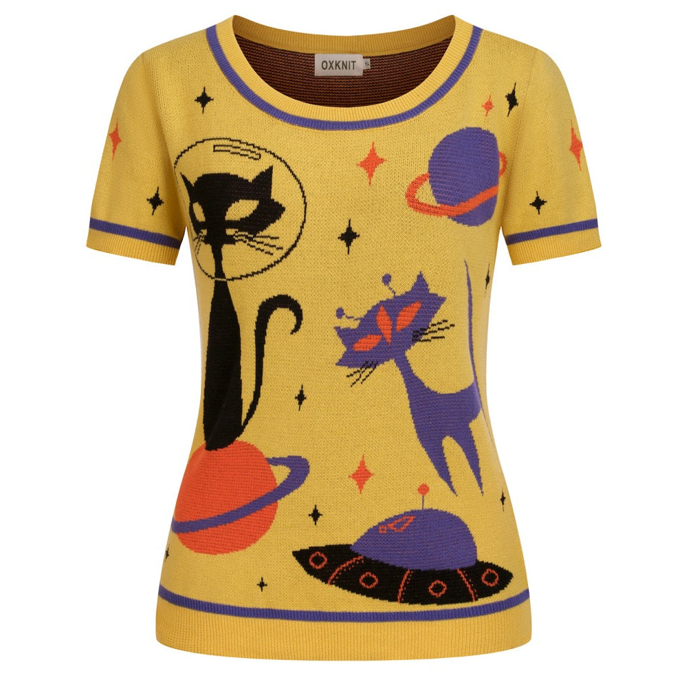 Women's Yellow 60s Space Cat Jacquard Knit T-shirt - Designed by