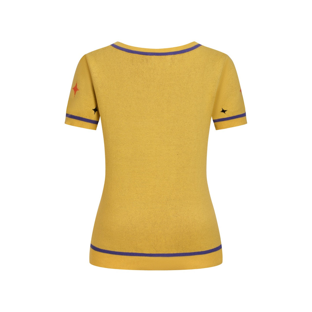 Dame Gul 60'er Space Cat Jacquard Strik T-shirt - Designet af Tala Hunt