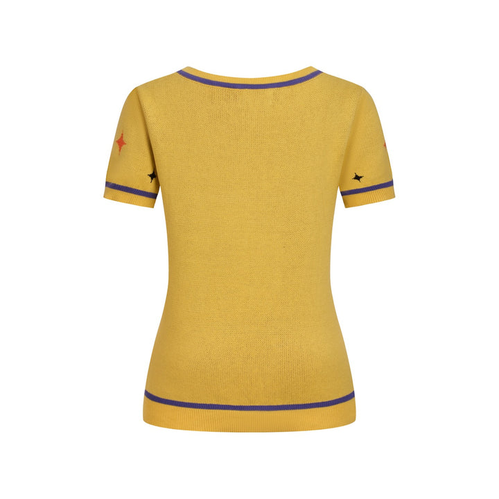Dame Gul 60'er Space Cat Jacquard Strik T-shirt - Designet af Tala Hunt
