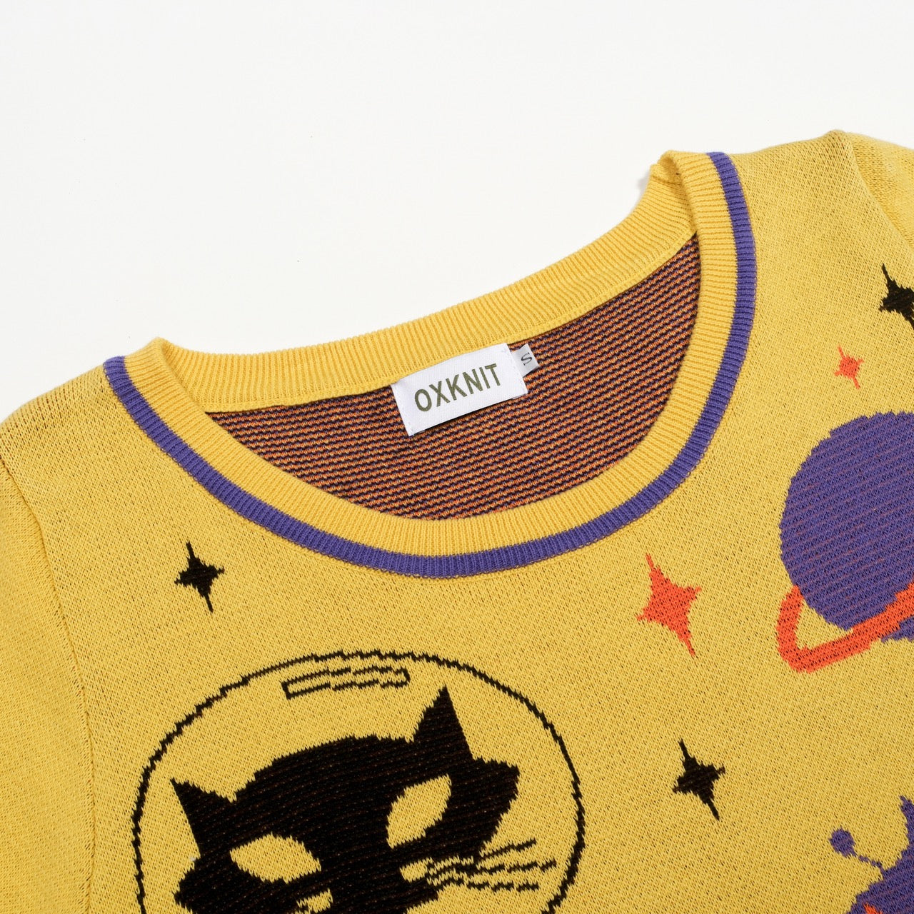 Women's Yellow 60s Space Cat Jacquard Knit T-shirt - Designed by