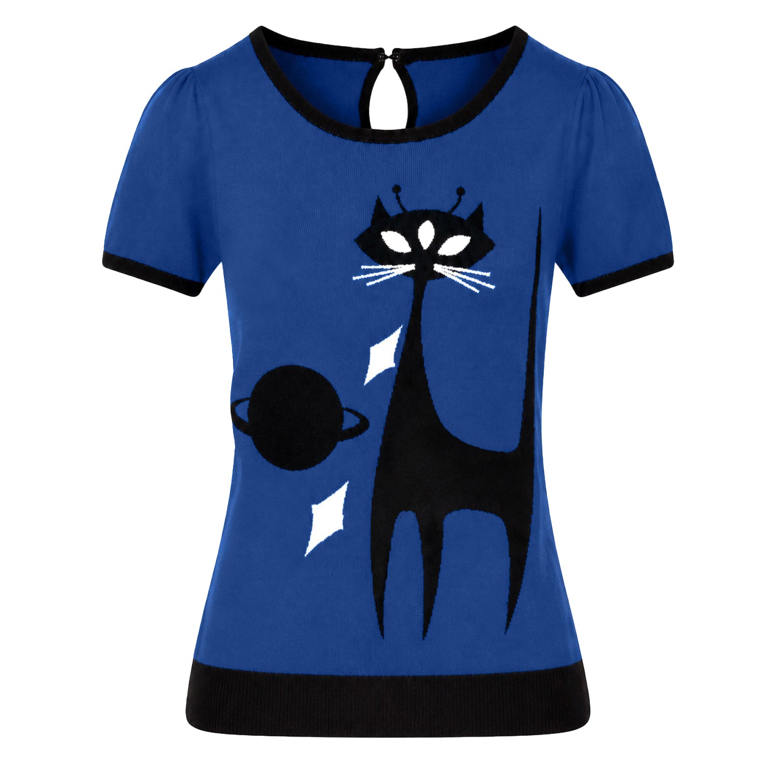 Women's Blue Alien Cat Jacquard Knit T-Shirt - Designed by Tala
