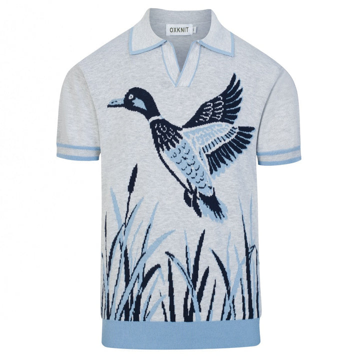 Men's Gray Retro Bird Art Jacquard Polo Knit Shirt