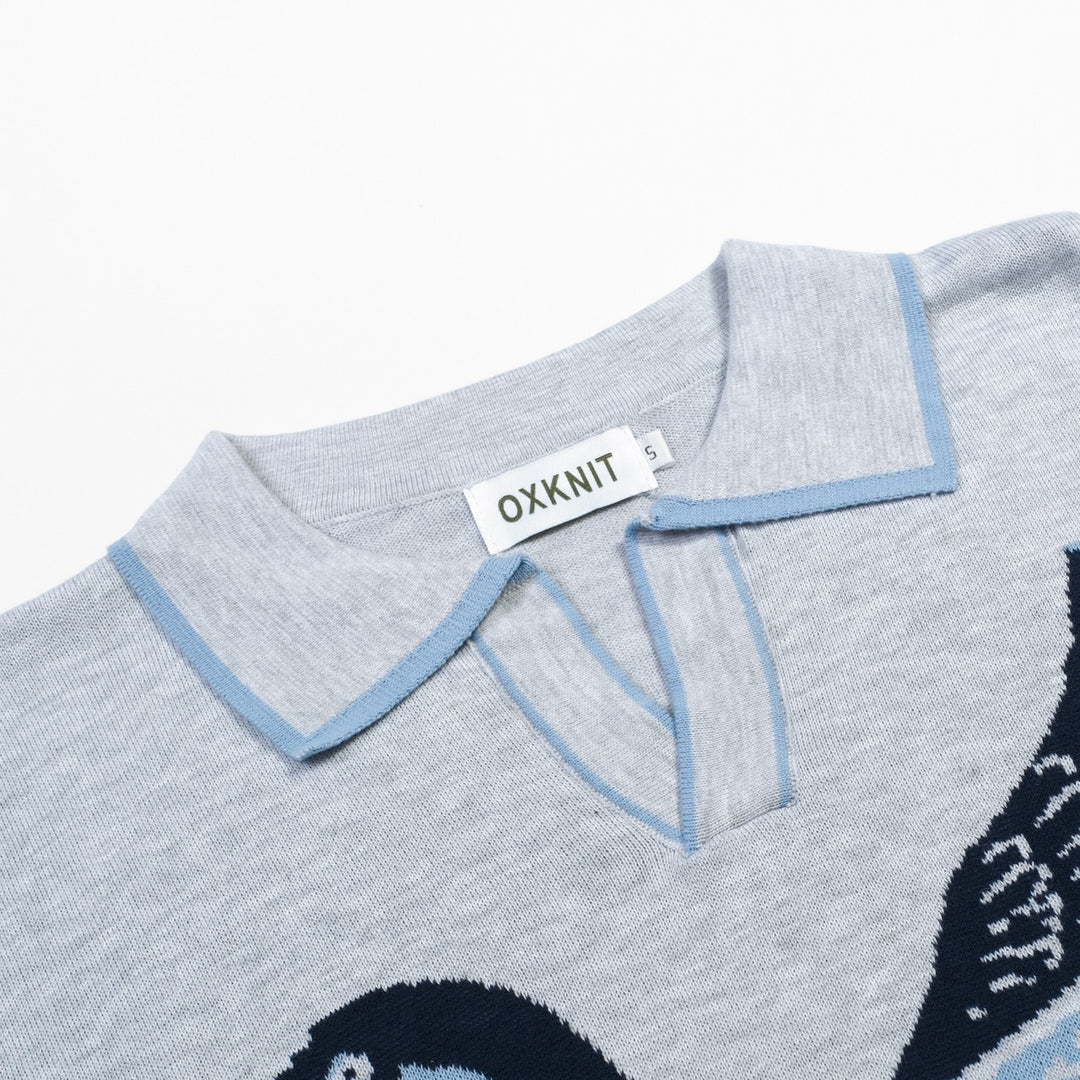 Men's Gray Retro Bird Art Jacquard Polo Knit Shirt
