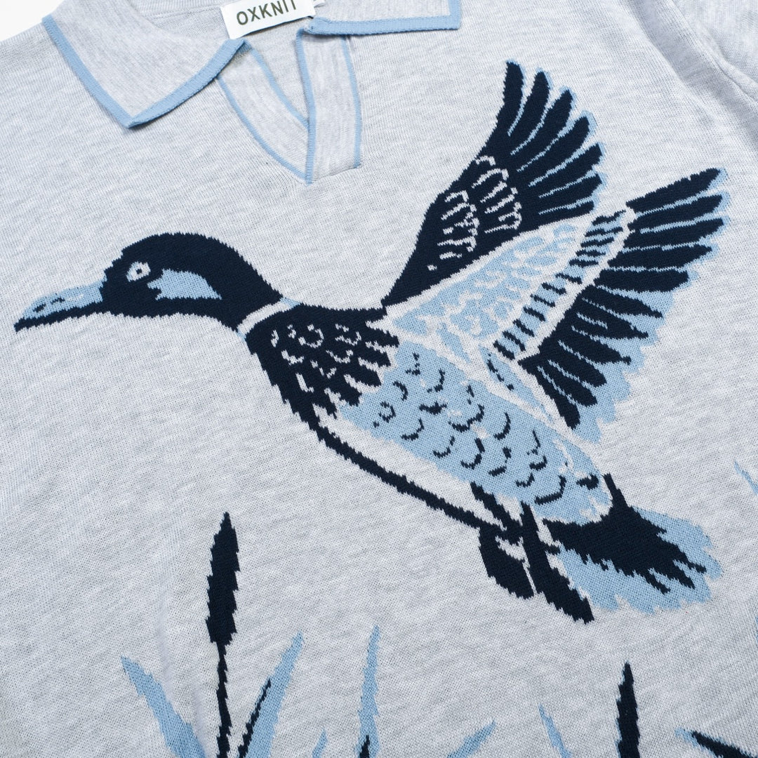 Men's Gray Retro Bird Art Jacquard Polo Knit Shirt