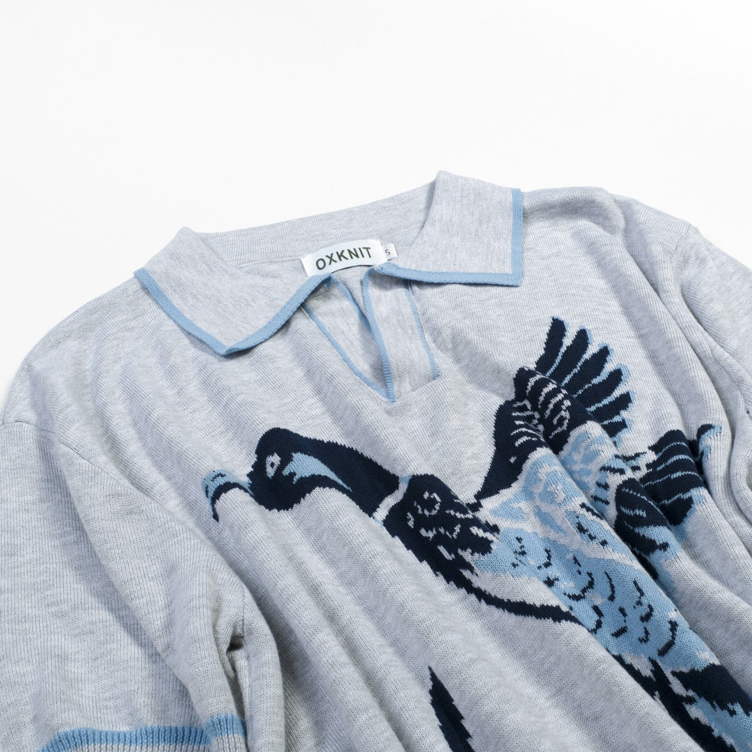 Men's Gray Retro Bird Art Jacquard Polo Knit Shirt