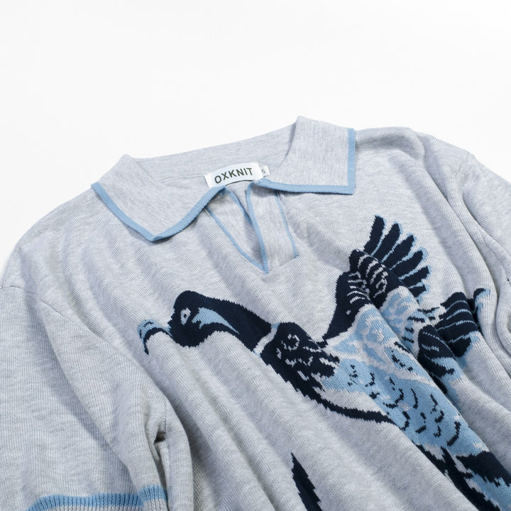 Men's Gray Retro Bird Art Jacquard Polo Knit Shirt
