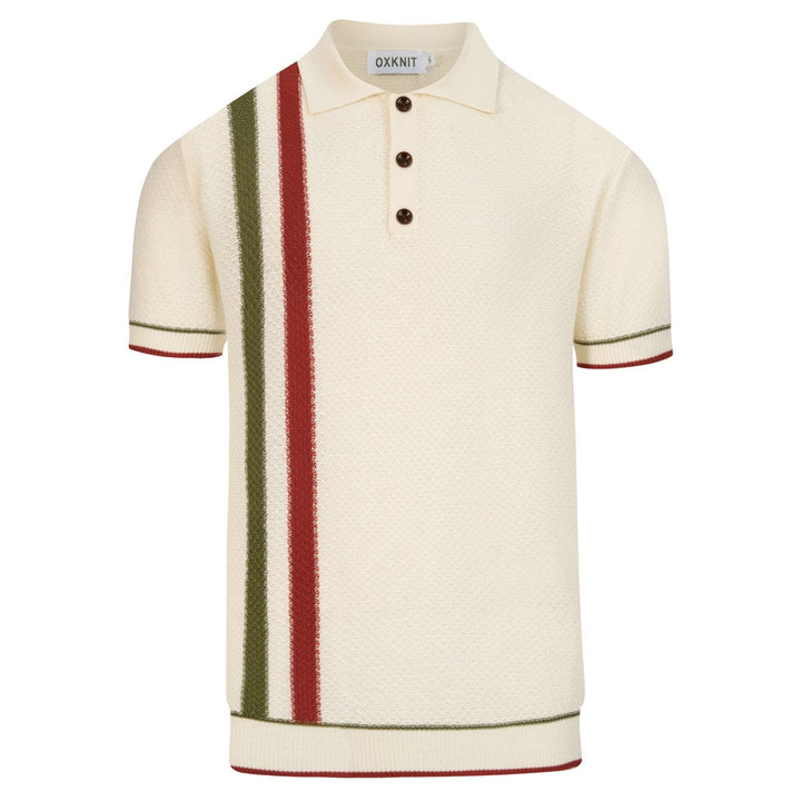 Men's Apricot Retro Honeycomb Texture Striped Knit Polo Shirt