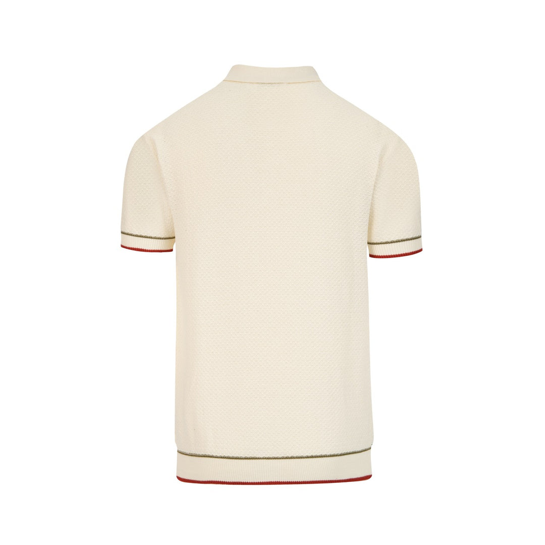 Men's Apricot Retro Honeycomb Texture Striped Knit Polo Shirt