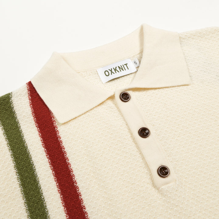 Men's Apricot Retro Honeycomb Texture Striped Knit Polo Shirt