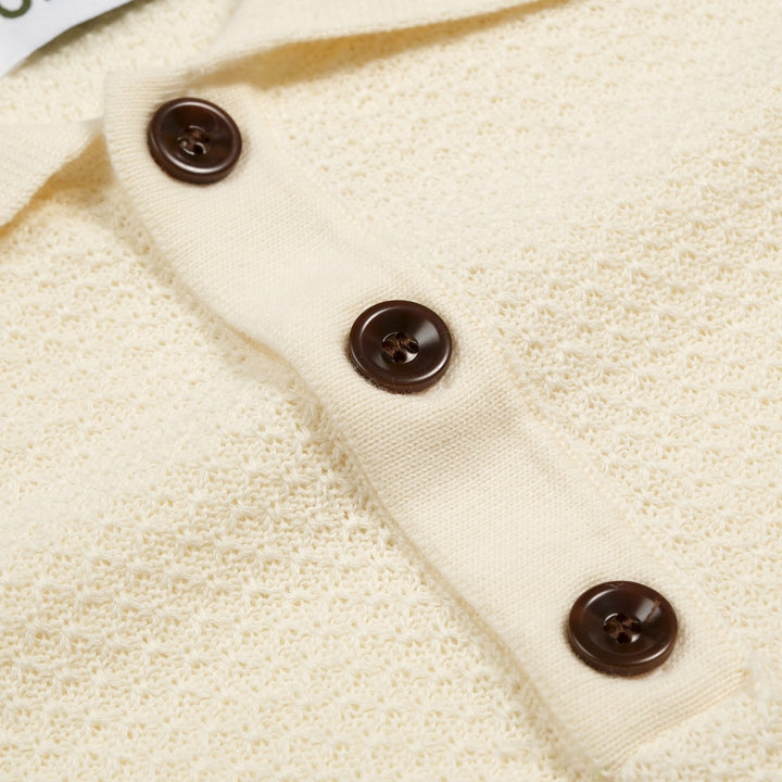 Men's Apricot Retro Honeycomb Texture Striped Knit Polo Shirt