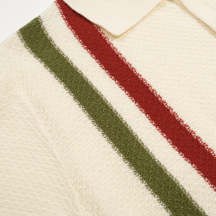 Men's Apricot Retro Honeycomb Texture Striped Knit Polo Shirt