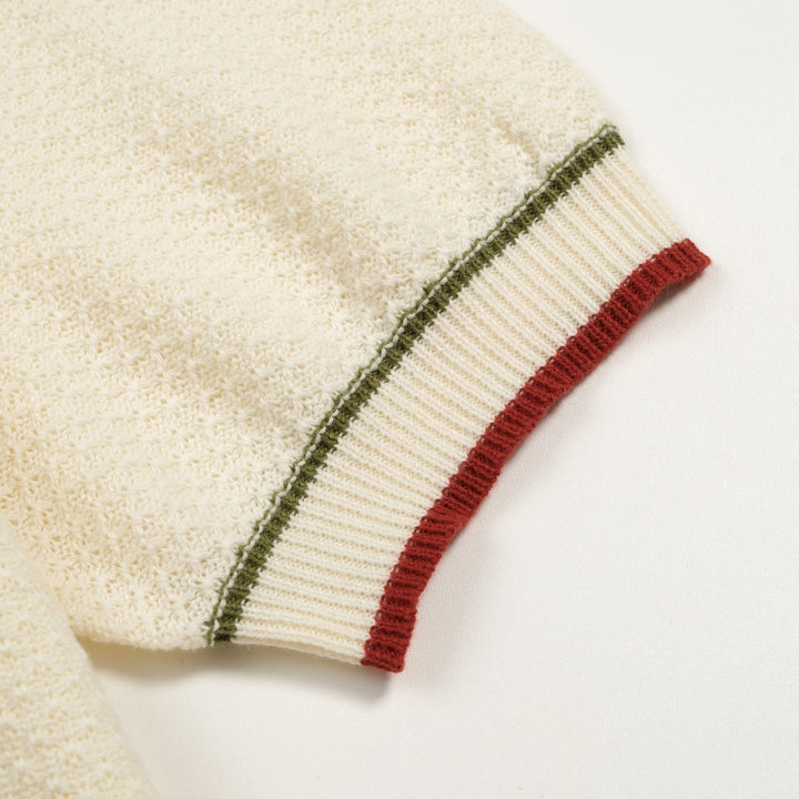 Men's Apricot Retro Honeycomb Texture Striped Knit Polo Shirt