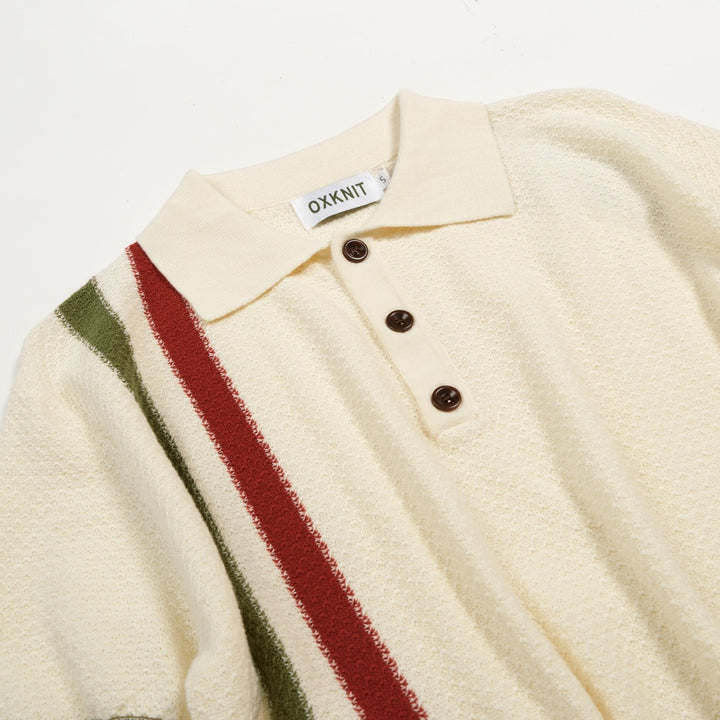 Men's Apricot Retro Honeycomb Texture Striped Knit Polo Shirt