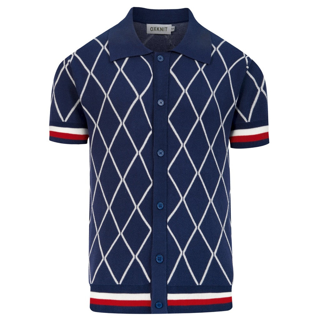 Men's Blue 70s Golf Club Style Knit Polo Cardigan