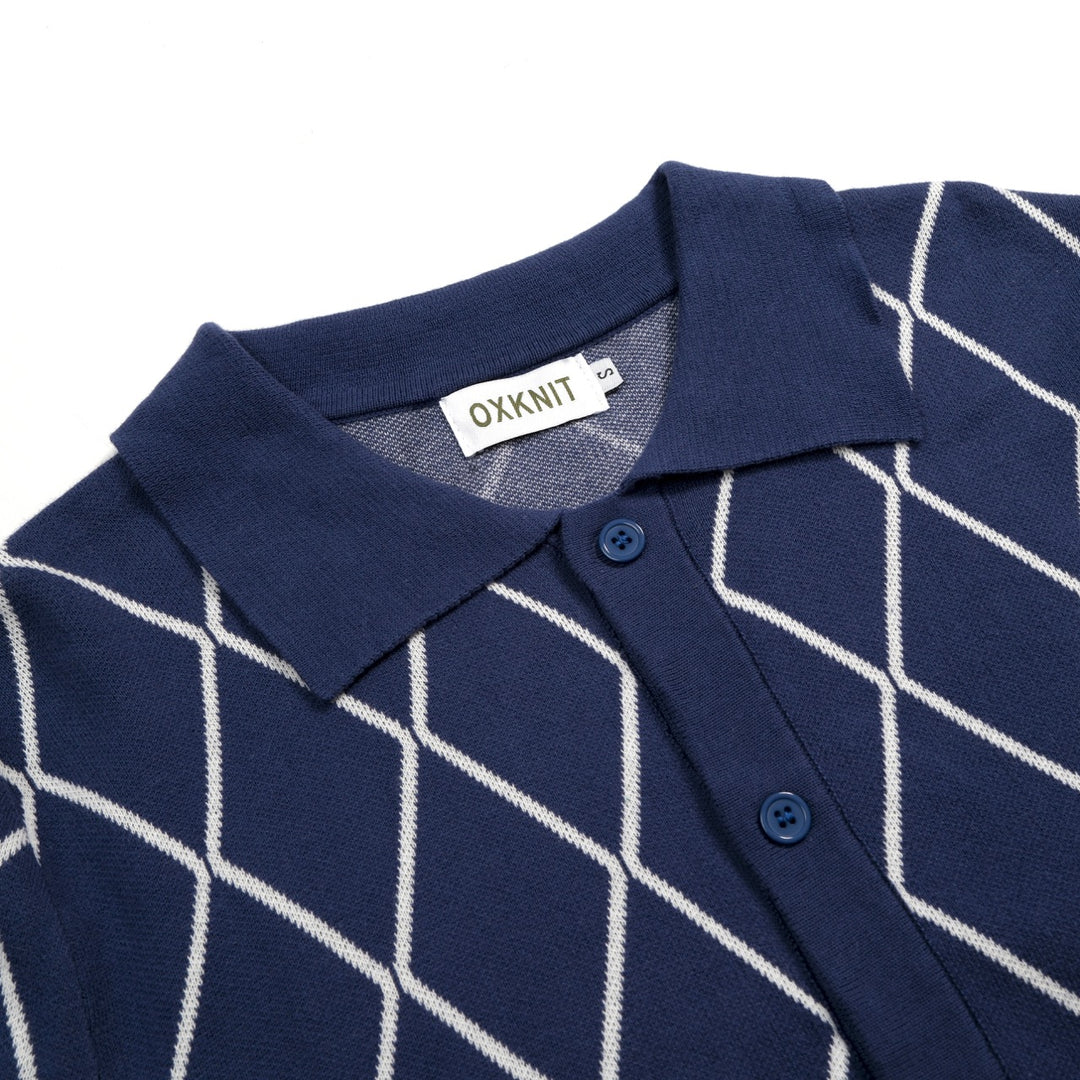 Men's Blue 70s Golf Club Style Knit Polo Cardigan