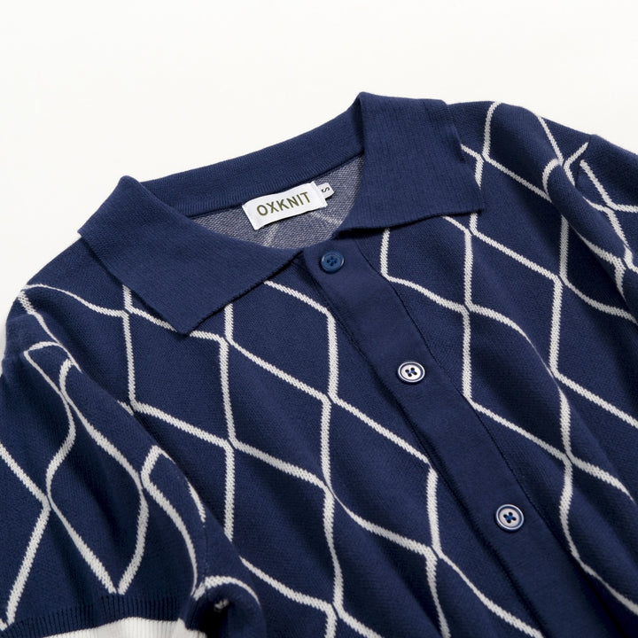 Men's Blue 70s Golf Club Style Knit Polo Cardigan