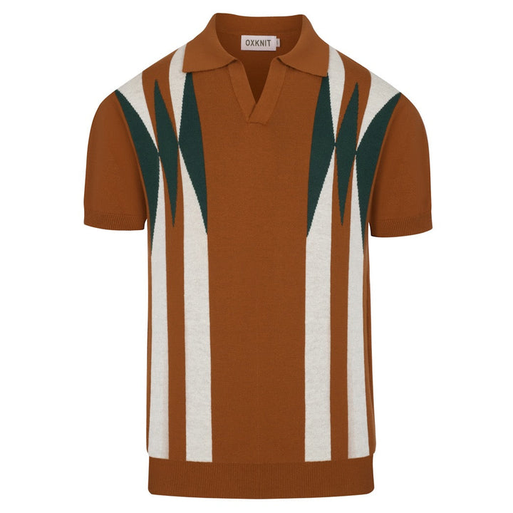 Men's Caramel Brown Retro Mid-Century Knit Polo Shirt