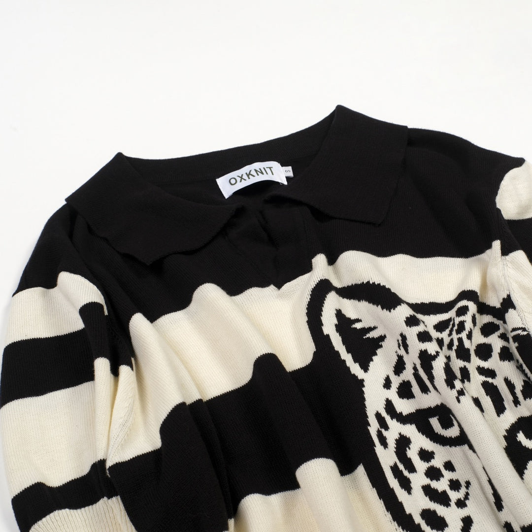 Polo de Malha com Risca Safari e Leopardo Preto para Homem