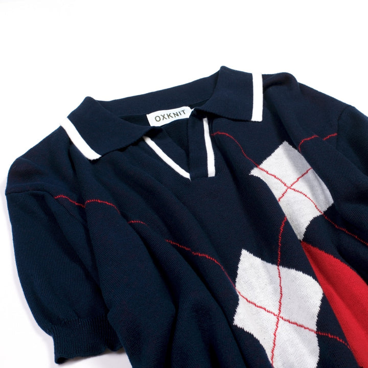 Herren Dunkelblaues Britisches Collegiate Retro Strick-Poloshirt