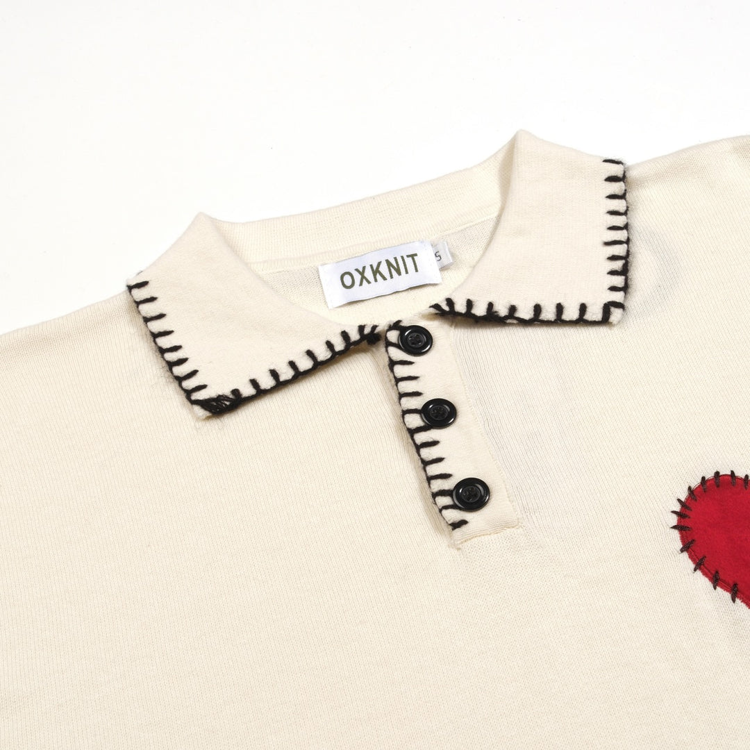 Men's Apricot Retro Heart Embroidered Tassel Knit Polo Shirt