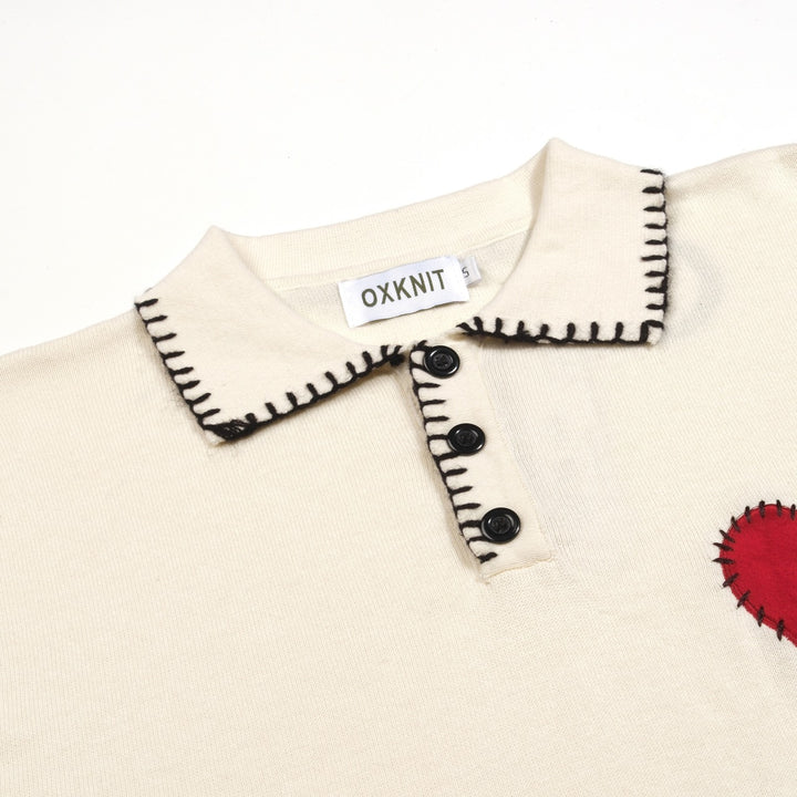 Men's Apricot Retro Heart Embroidered Tassel Knit Polo Shirt