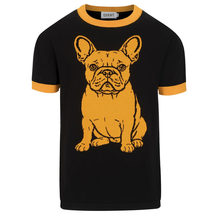 Herre svart strikket T-skjorte med fransk bulldog-design