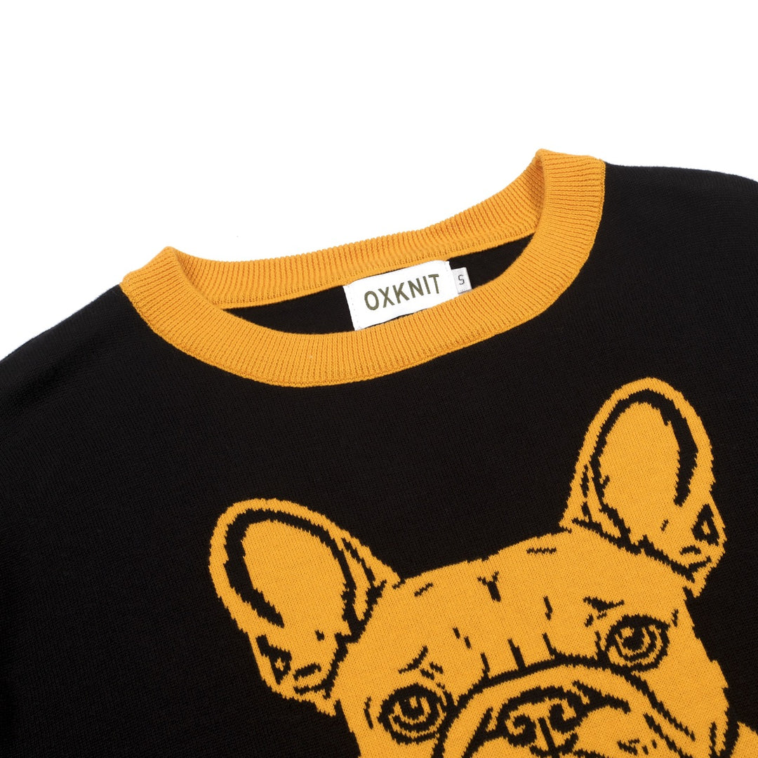 Herre svart strikket T-skjorte med fransk bulldog-design