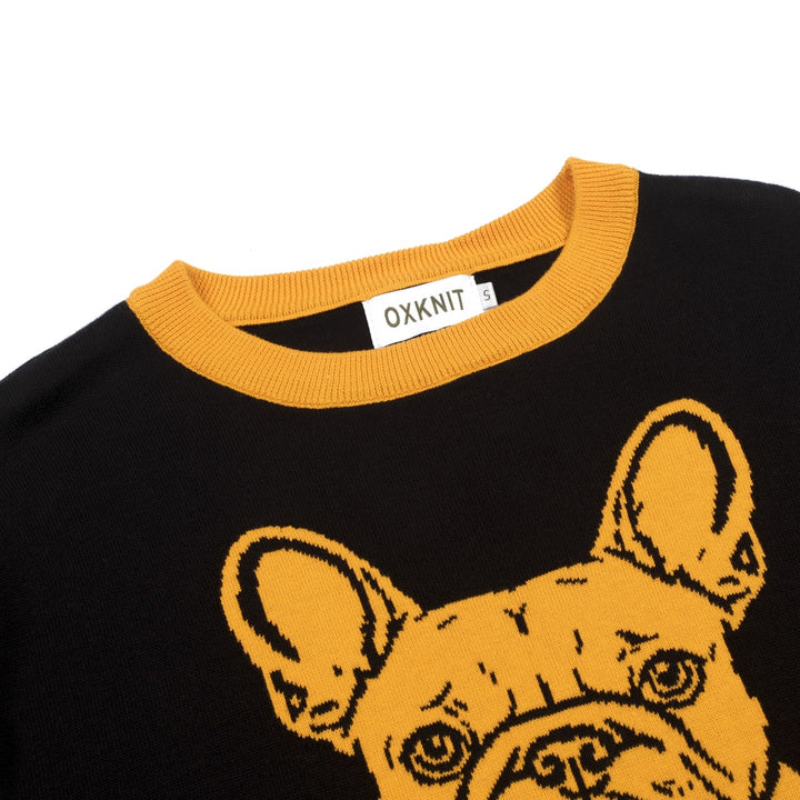 Herre svart strikket T-skjorte med fransk bulldog-design