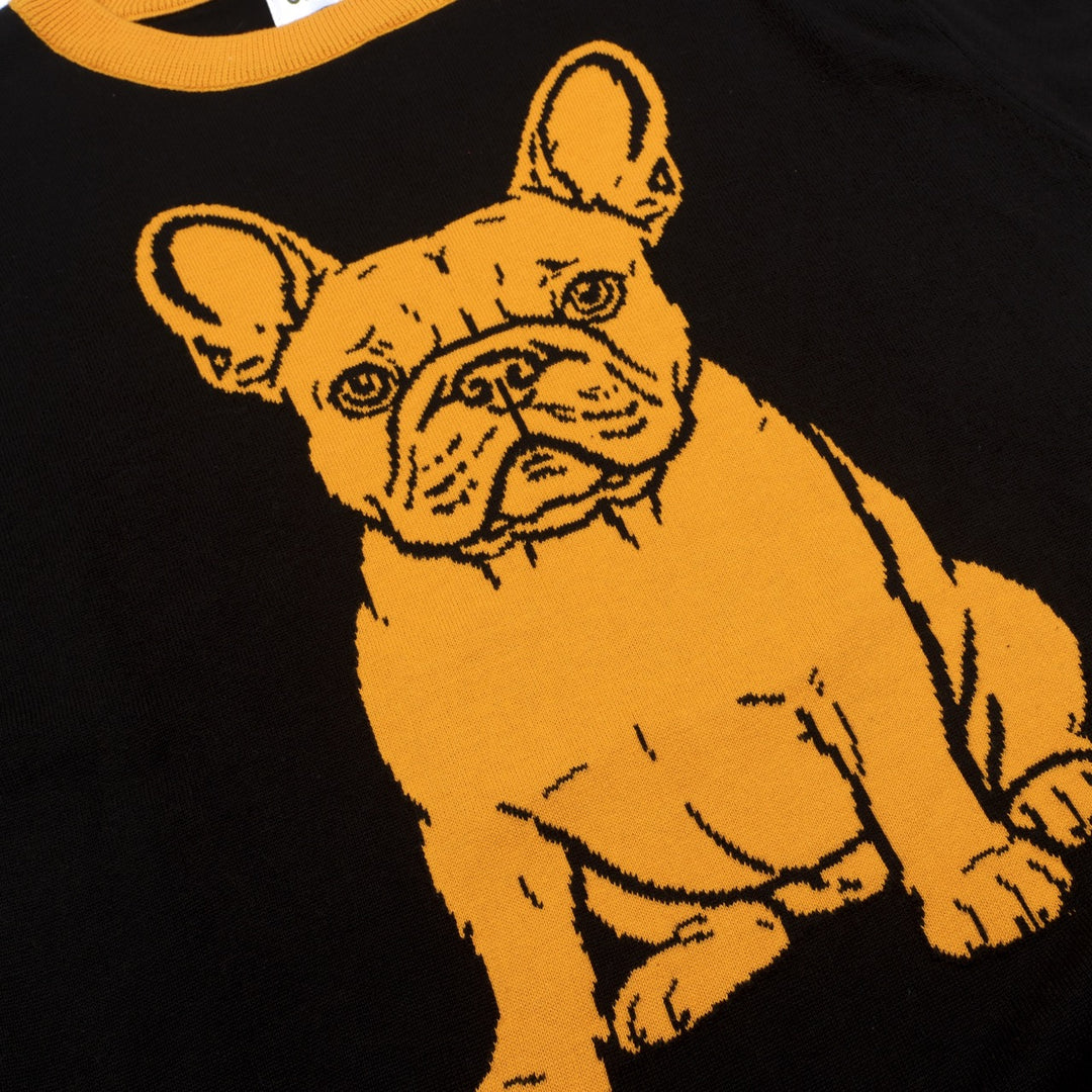 Herre svart strikket T-skjorte med fransk bulldog-design
