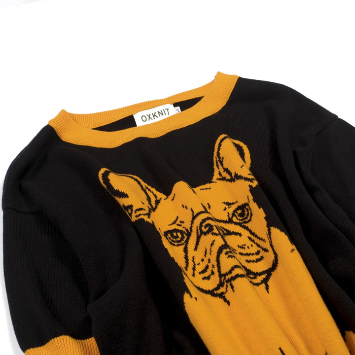 Herre svart strikket T-skjorte med fransk bulldog-design