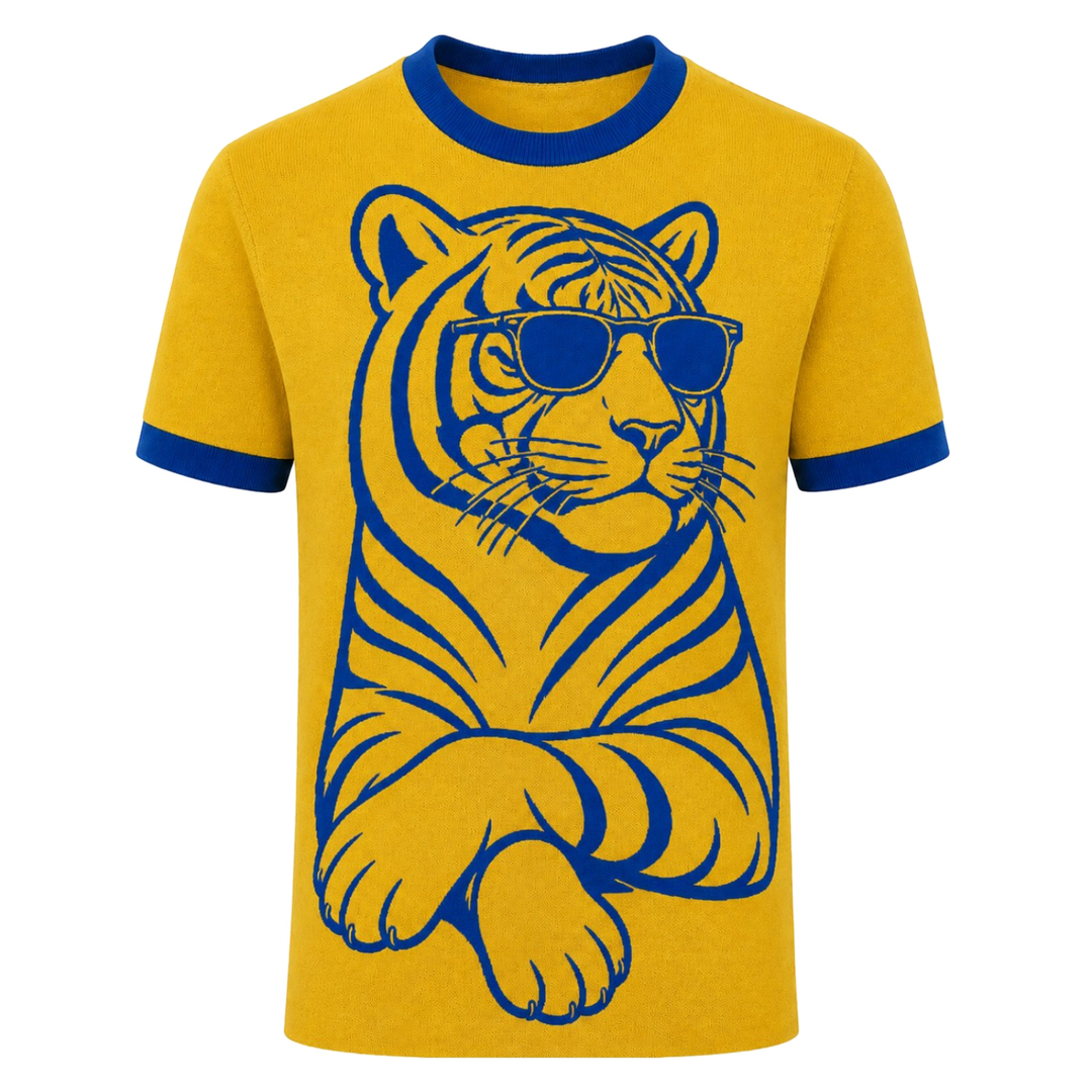 Men's Yellow 70s Fun Tiger Knit T-Shirt