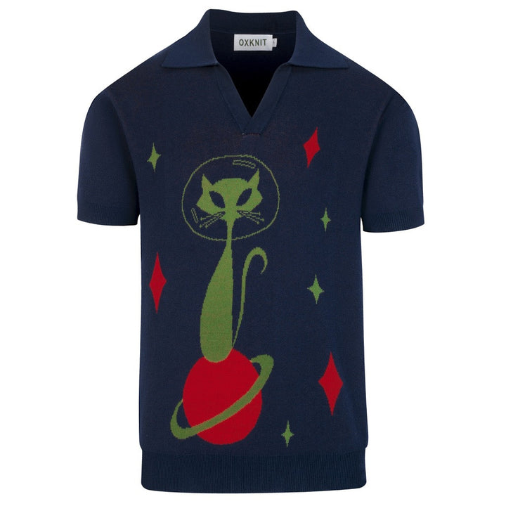 Polo de Malha Azul Escuro Estilo Space Age dos Anos 60 para Homem - Design de Tala Hunt