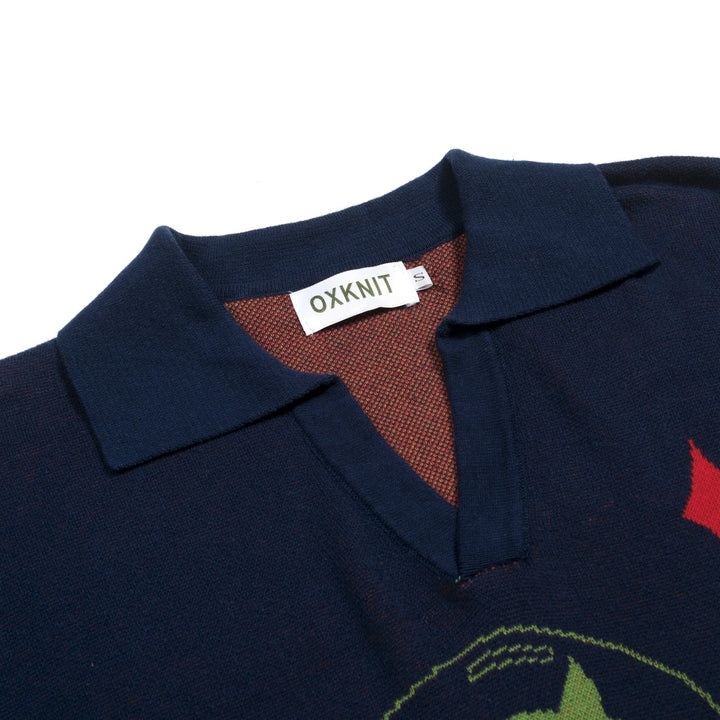 Polo de Malha Azul Escuro Estilo Space Age dos Anos 60 para Homem - Design de Tala Hunt