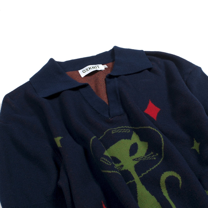 Polo de Malha Azul Escuro Estilo Space Age dos Anos 60 para Homem - Design de Tala Hunt