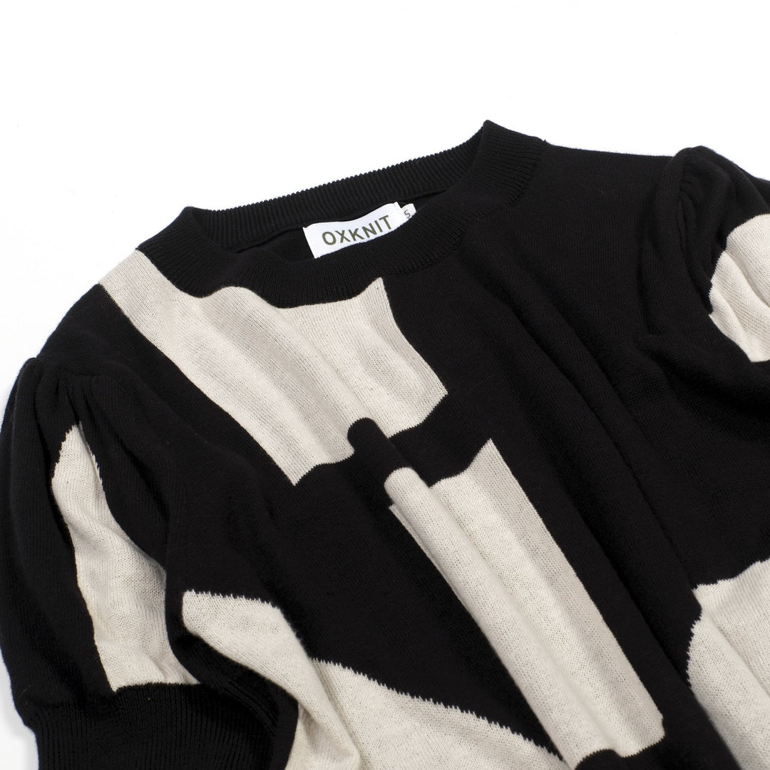 Women's Black Irregular Pattern Jacquard Short-Sleeve Pocket Knit Dress
