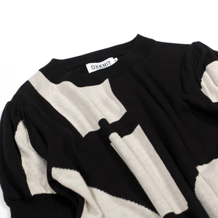 Women's Black Irregular Pattern Jacquard Short-Sleeve Pocket Knit Dress