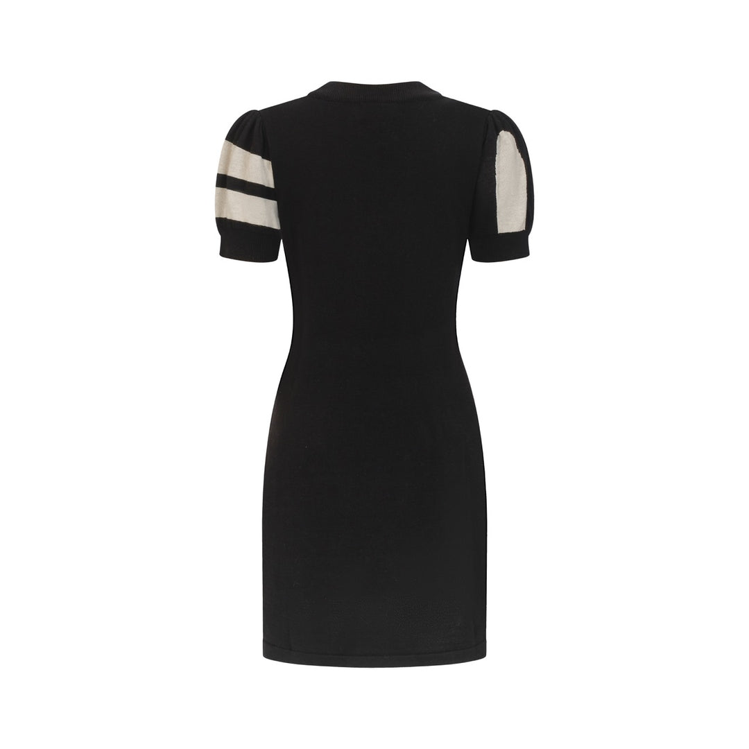 Women's Black Irregular Pattern Jacquard Short-Sleeve Pocket Knit Dress