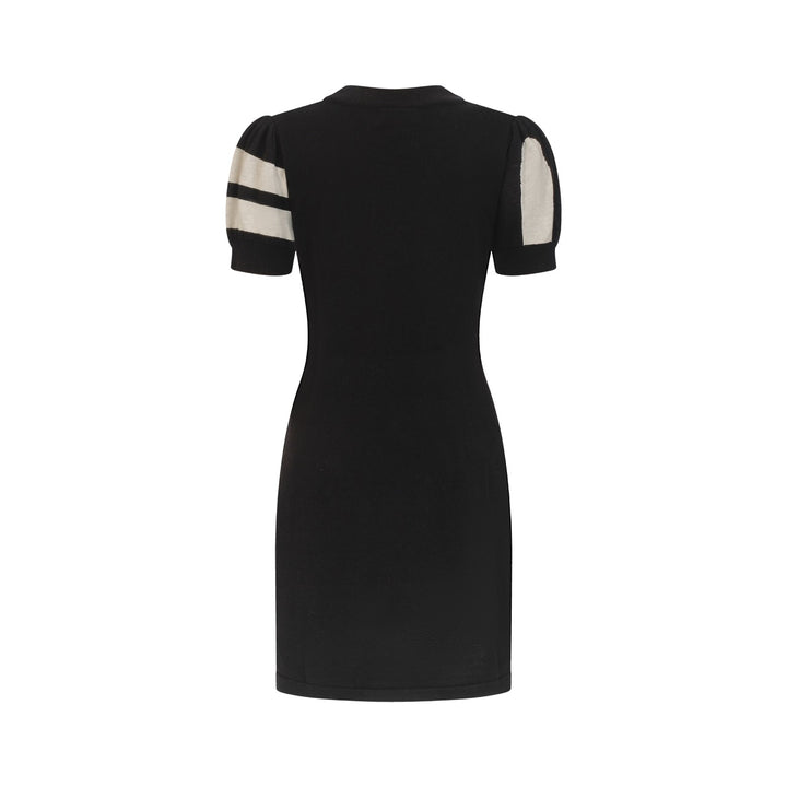 Women's Black Irregular Pattern Jacquard Short-Sleeve Pocket Knit Dress
