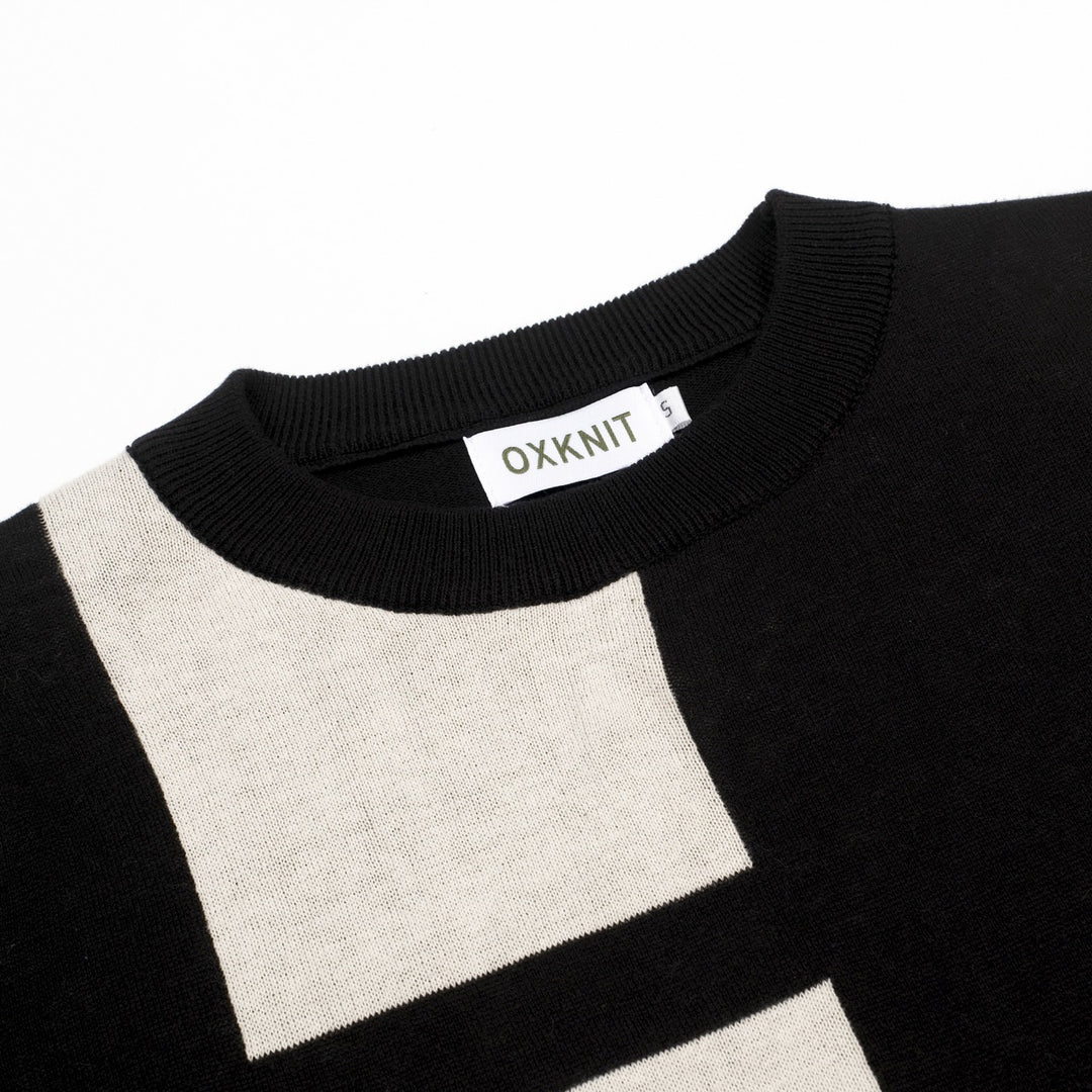 Women's Black Irregular Pattern Jacquard Short-Sleeve Pocket Knit Dress