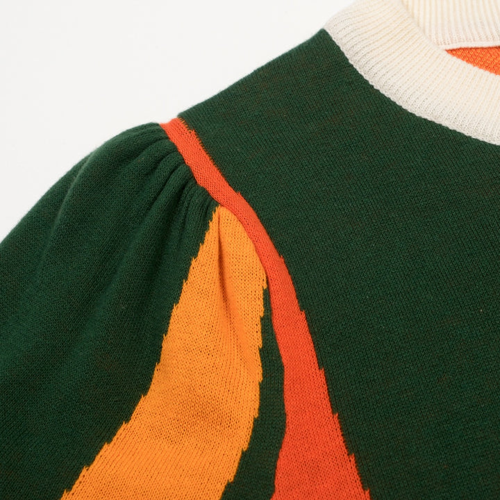 Women's Dark Green 70s Psychedelic Modern Short-Sleeve Pocket Knit Dress