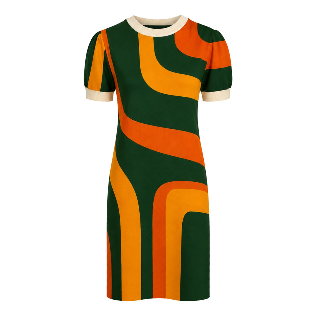 Women's Dark Green 70s Psychedelic Mod Short-Sleeve Knit Dress OXKnit Women's Dark Green 70s Psychedelic Mod Short-Sleeve Knit Dress OXKnit