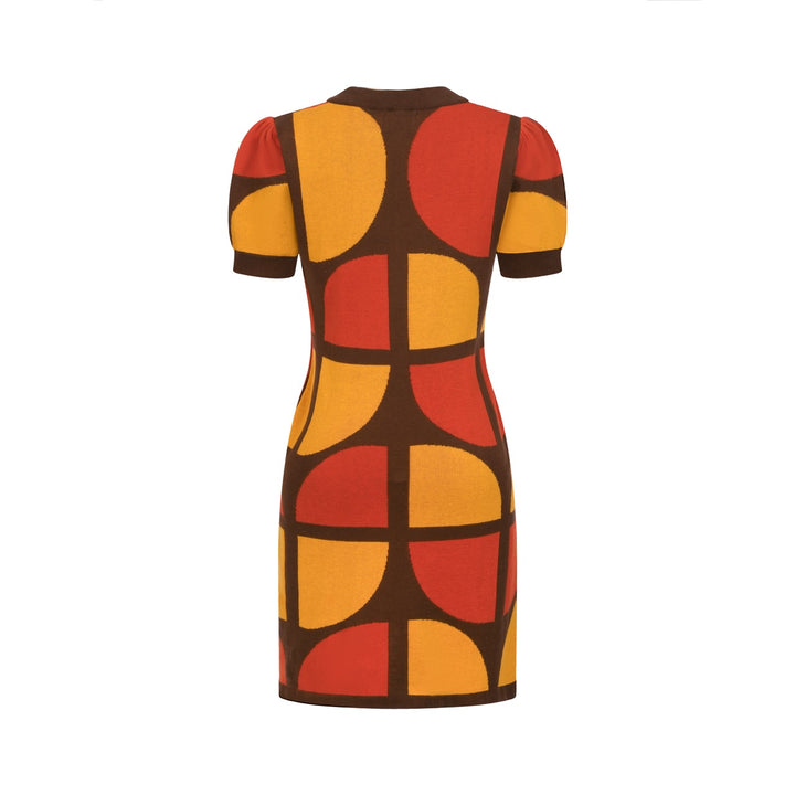 Women's Brown 70s Retro Wallpaper Short-Sleeve Pocket Knit Dress
