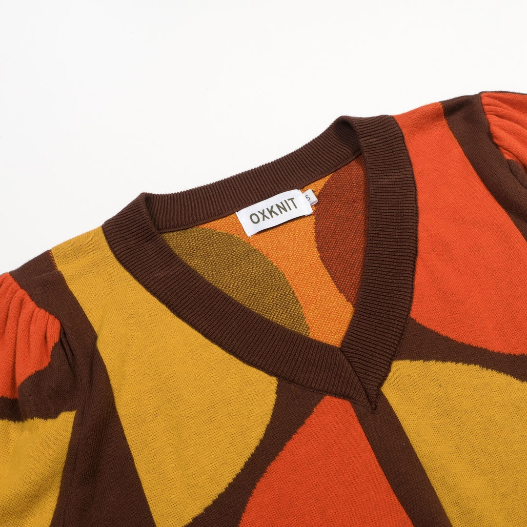 Women's Brown 70s Retro Wallpaper Short-Sleeve Pocket Knit Dress