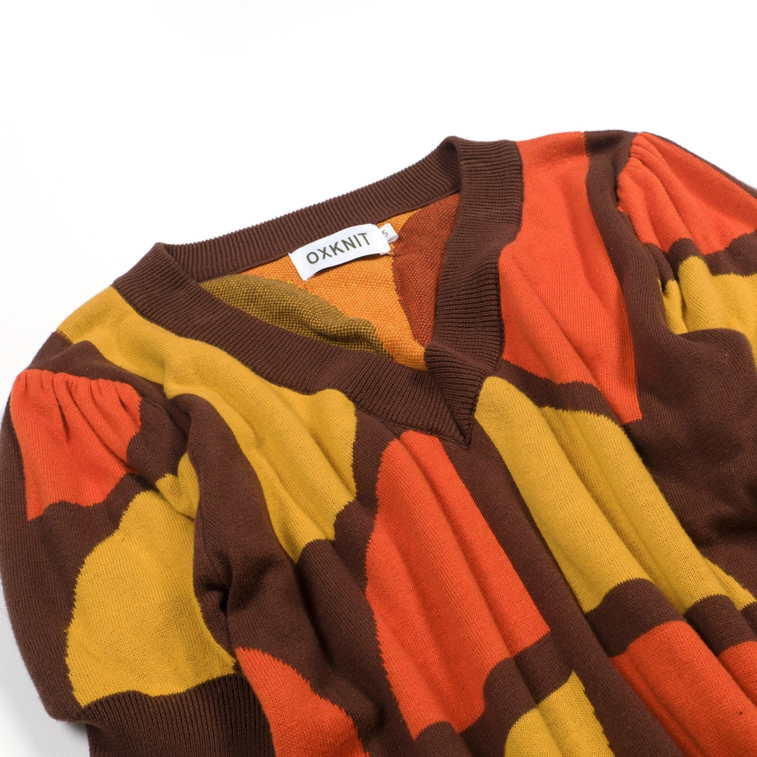 Women's Brown 70s Retro Wallpaper Short-Sleeve Pocket Knit Dress